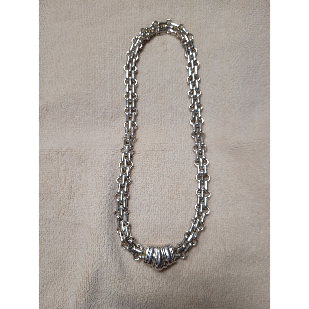 Silver Tone Chunky 2 Row Link Chain Statement Necklace Magnetic Clasp 18  In